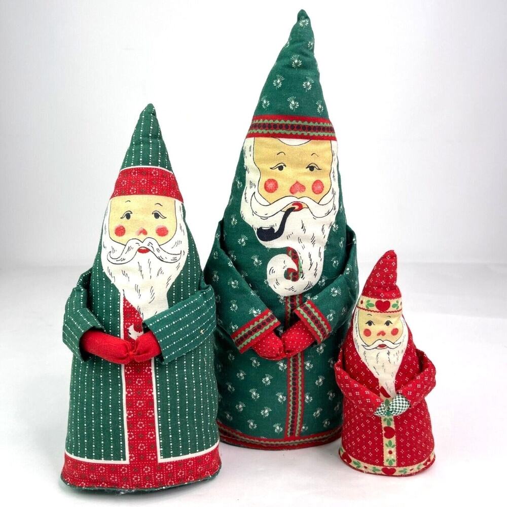 3 Vintage Santa Claus Christmas Fabric Figures Shelf Decoration Handmade